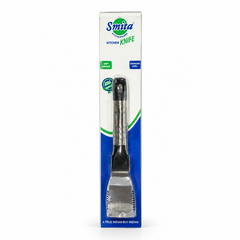 A packaged Smita Kitchenware Stainless Steel Coconut Scraper with a black soft-grip handle, centered on a solid white background. Available in the UK at theindianshelf.co.uk.