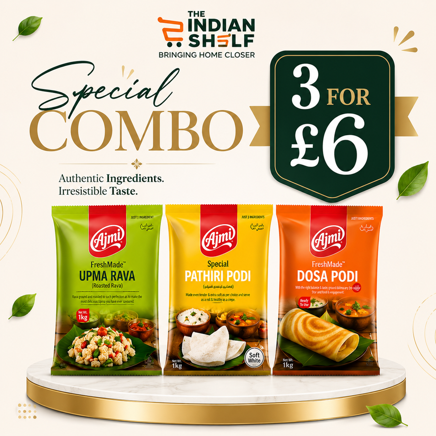 A digital promotional graphic titled "Special Combo" by The Indian Shelf, displaying an offer for three 1kg bags of Ajmi brand breakfast mixes for £6. The background is a clean off-white color decorated with subtle gold circular lines and floating green leaves. At the top sits the orange and green logo for "THE INDIAN SHELF BRINGING HOME CLOSER". On the right sideThis promotional combo is available in the UK at theindianshelf.co.uk.