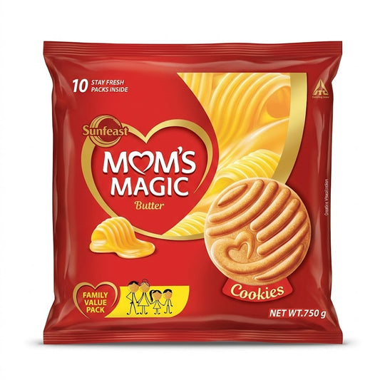 Sunfeast Mom's Magic Butter Cookies (750g) are rich, golden-baked treats with a melt-in-the-mouth texture. This family value pack contains 10 stay-fresh individual packs.You can find them available for purchase in the UK at theindianshelf.co.uk.