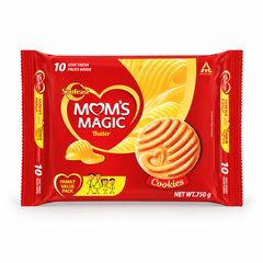 A 750g red and yellow family value pack of Sunfeast Mom's Magic Butter Cookies featuring cookie illustrations and branding, centered on a solid white background. Available in the UK at theindianshelf.co.uk.
