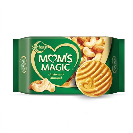 A green package of Sunfeast Mom’s Magic Cashew & Almond biscuits, featuring a rich and buttery cookie loaded with real almond and cashew bits, is available for purchase at theindianshelf.co.uk. These biscuits are crafted to offer a homemade taste, combining a crispy texture with the nutty flavor of premium dry fruits.