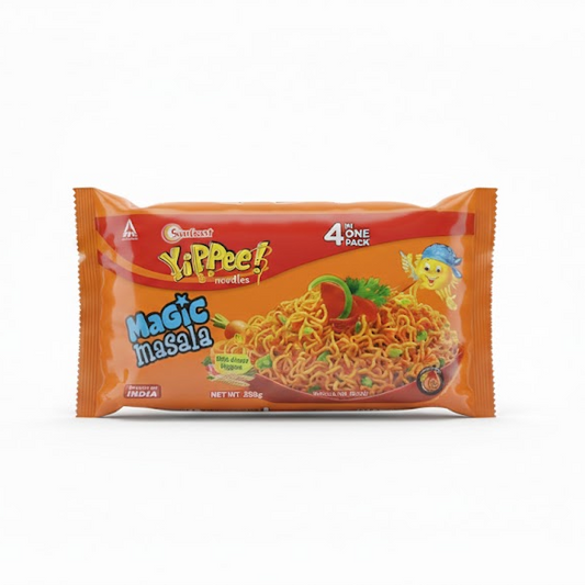 Sunfeast YiPPee! Magic Masala Noodles 280g multipack (4 in 1), featuring long, non-sticky noodles with a unique spice blend, is available for purchase at theindianshelf.co.uk.