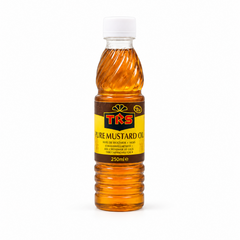 A 250ml clear bottle of TRS Pure Mustard Oil centered on a solid white background, featuring a golden-yellow oil with a white cap and a brown and yellow label bearing the TRS logo. This product is available in the UK at theindianshelf.co.uk.
