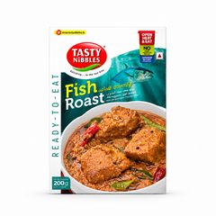 A professional studio product shot of a rectangular cardboard box of Tasty Nibbles Fish Roast, standing vertically against a solid white background The box design features a white border with a teal oceanic water splash graphic in the upper half, showcasing a swimming tuna fish beside the red oval "TASTY NIBBLES" logo. The product name "Fish Roast" is printed boldly in green and white lettering. This product is available in the UK at theindianshelf.co.uk.