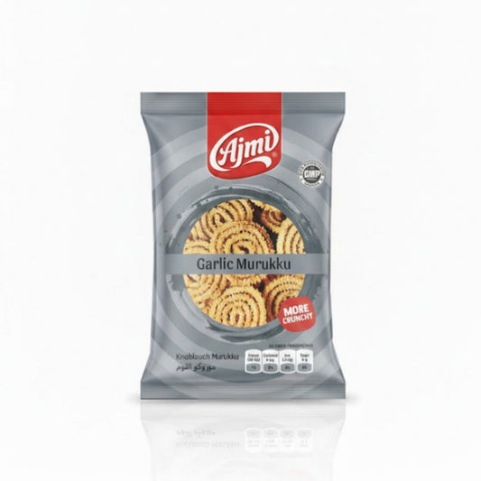 The Ajmi brand Garlic Murukku 250g snack pack, described as being "MORE CRUNCHY" and having No Added Preservatives, is available for purchase from theindianshelf.co.uk.