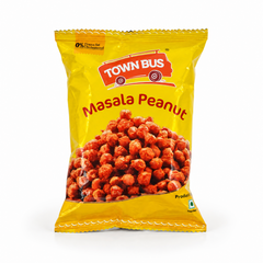 A yellow retail pouch of Town Bus Masala Peanut featuring product branding and a transparent display window, centered on a solid white background. Available in the UK at theindianshelf.co.uk.