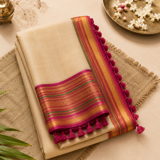 A studio flatlay shot of a neatly folded golden-beige Kerala Tussar Saree stacked on a raw jute cloth. The fabric features a bold magenta-pink border detailed with rich golden zari stripes and matching fringe tassels. A brass dish with white jasmine flowers and a small metal container decorate the background. Available in the UK at theindianshelf.co.uk.