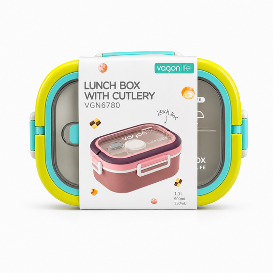 A colorful Vagon Life Lunch Box with Cutlery (model VGN6780) centered on a solid white background, featuring a bright yellow and teal frame with side latches and a clear lid wrapped in a branded paper sleeve.