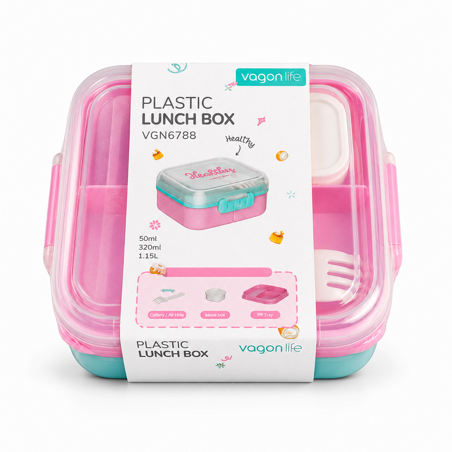 A square pink and teal Vagon Life Plastic Lunch Box (model VGN6788) centered on a solid white background, featuring a clear lid displaying white cutlery inside and wrapped in a white paper sleeve detailing its features and capacity.