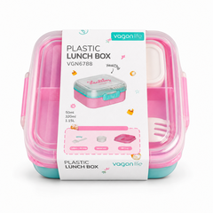 A square pink and teal Vagon Life Plastic Lunch Box (model VGN6788) centered on a solid white background, featuring a clear lid displaying white cutlery inside and wrapped in a white paper sleeve detailing its features and capacity.