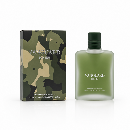 Vanguard For Him Eau De Toilette 100ml bottle standing next to its green camouflage pattern packaging box against a solid white background. Available in the UK at theindianshelf.co.uk.