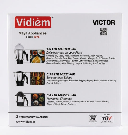 Vidiem Victor Mixer Grinder Jars
The Vidiem Victor comes equipped with three precision-engineered stainless steel jars designed to handle various kitchen tasks
This appliance is built by Maya Appliances and includes a 2-year product warranty.