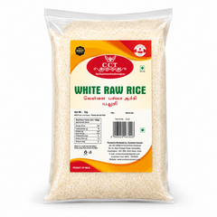 A professional studio shot of a 1 kg transparent plastic bag filled with CCT White Raw Rice  The bag features a central label with a white, orange, and red color scheme. At the top is the red "CCT" logo, followed by the product name "WHITE RAW RICE" printed in bold green letters, with translations in Tamil and Telugu. The label includes a detailed nutrition facts table, the manufacturer's address in Coimbatore, a barcode, and a green 100% vegetarian symbol. This product is available in the UK at theindiansh