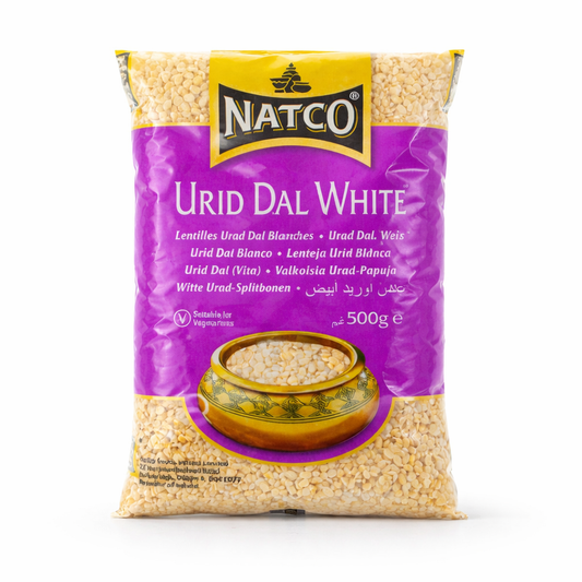 This is a 500g pack of White Urid Dal (split husked black gram lentils) from Natco. This product is suitable for vegetarians and is a staple ingredient used in making batters for idlis, dosas, and various dals.
All of these items are available in the UK at theindianshelf.co.uk.