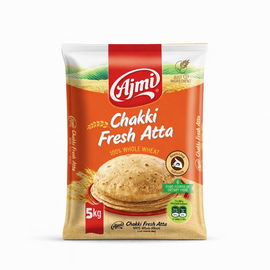 This is a 5kg pack of 100% Whole Wheat flour from the brand Ajmi. Stone-ground to perfection, this chakki atta is designed to produce rotis and chapatis with "hours long softness." It is a good source of dietary fiber and contains no added Maida, ensuring a nutritious and traditional staple for your kitchen.
This product is available in the UK at theindianshelf.co.uk.