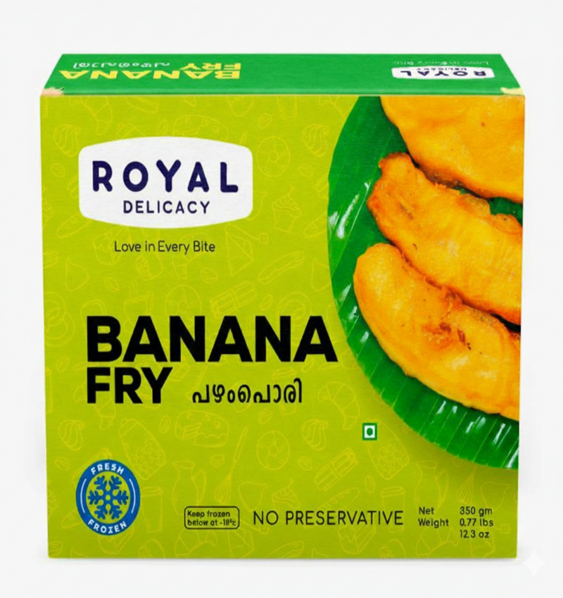 A bright lime-green box of Royal Delicacy Banana Fry (Pazhampori). The packaging features a photo of three pieces of golden-yellow, fried banana fritters (pazhampori) served on a bright green banana leaf on the right side. The product is labeled "Fresh Frozen" with a snowflake graphic and states "NO PRESERVATIVE." The net weight is listed as 350 gm (0.77 lbs, 12.3 oz).