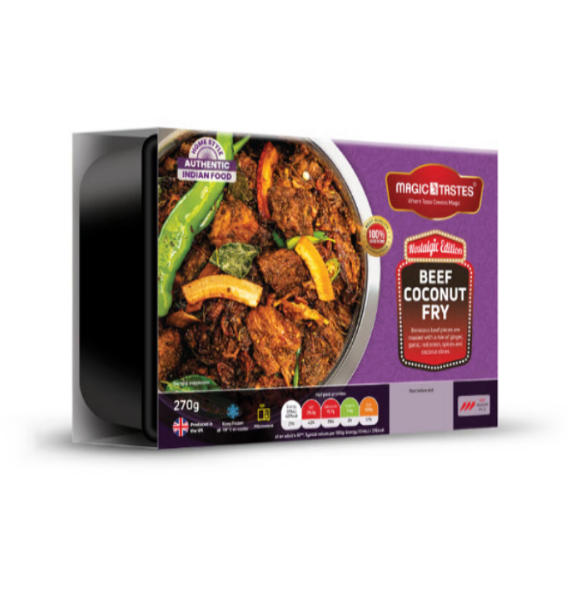 A box of Magic Tastes 'Nostalgic Edition' Beef Coconut Fry (270g), a frozen ready meal. The packaging is dark purple and black, featuring a large, close-up photograph of the beef dish cooked with spices and green chili in a metal bowl. Text promotes it as "HOME STYLE AUTHENTIC INDIAN FOOD" and details the ingredients (ginger, garlic, spices, and coconut). Nutritional information and a "Produced in the UK" flag are also visible.