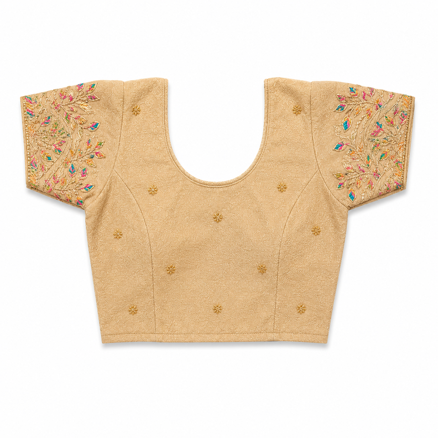 A beige short-sleeved stretchable readymade saree blouse with hand-embroidered golden leaf patterns on the sleeves and small gold floral motifs across the front, laid flat against a solid white background. Available in the UK at theindianshelf.co.uk.