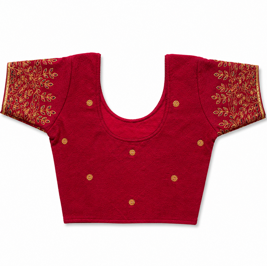 A colorful floral print readymade stretchable saree blouse displayed flat on a solid white background, featuring short sleeves, a scoop neck, and a vibrant pattern of pink, orange, and purple flowers. Available in the UK at theindianshelf.co.uk.