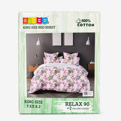 Kitex Relax 90 king size bed sheet set packaging against a solid white background, featuring a 100% cotton floral print bedsheet with pink and blue rose motifs and two matching pillow covers. Available in the UK at theindianshelf.co.uk.