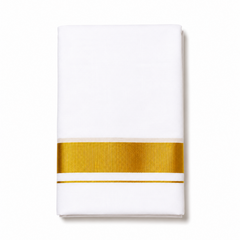 A neatly folded pure white men's Kerala kasavu mundu (dhoti) centered on a solid white background, featuring a broad horizontal golden zari border, a fine parallel gold accent stripe, and a thin beige border strip. Available in the UK at theindianshelf.co.uk.