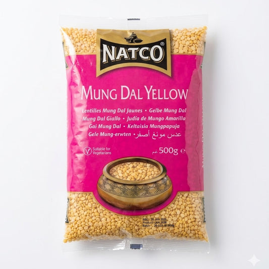 This is a 500g pack of Mung Dal Yellow (split and husked mung beans) from Natco. It is a suitable for vegetarians product, widely used in Indian cooking for its mild flavor and quick-cooking properties, making it ideal for creamy dals, khichdi, and various snacks.This product is available in the UK at theindianshelf.co.uk.