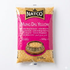 This is a 500g pack of Mung Dal Yellow (split and husked mung beans) from Natco. It is a suitable for vegetarians product, widely used in Indian cooking for its mild flavor and quick-cooking properties, making it ideal for creamy dals, khichdi, and various snacks.This product is available in the UK at theindianshelf.co.uk.