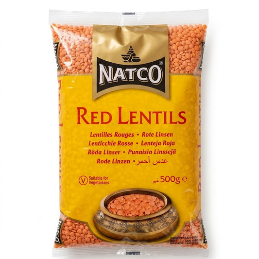 This is a 500g pack of Red Lentils (Lentilles Rouges) from Natco. These split lentils are a quick-cooking, versatile staple perfect for preparing traditional dals, soups, and stews.This item is available in the UK at theindianshelf.co.uk.