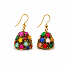 A pair of antique gold-toned dome jhumka drop earrings studded with colorful round stones in shades of pink, blue, green, yellow, and red, displayed against a solid white background. Available in the UK at theindianshelf.co.uk.