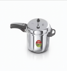 A bright, polished stainless steel pressure cooker with a closed lid, set against a plain white background. The cooker has a main handle covered in dark gray/black material and a smaller helper handle opposite it. A round red and green label on the body of the cooker indicates the brand "Nirlon" and the material, "STAINLESS STEEL."