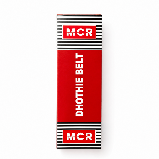 A rectangular red MCR Dhothie Belt box standing vertically on a solid white background, featuring bold white "DHOTHIE BELT" lettering in the center and the MCR brand logo against black and white horizontal stripes at the top and bottom.