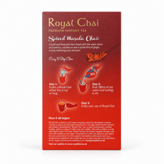 The back of a red Royal Chai Spiced Masala Chai box centered on a solid white background, displaying the "Easy 3 Step Chai" preparation graphics and a descriptive text paragraph titled "How it all began:". This product is available in the UK at theindianshelf.co.uk.