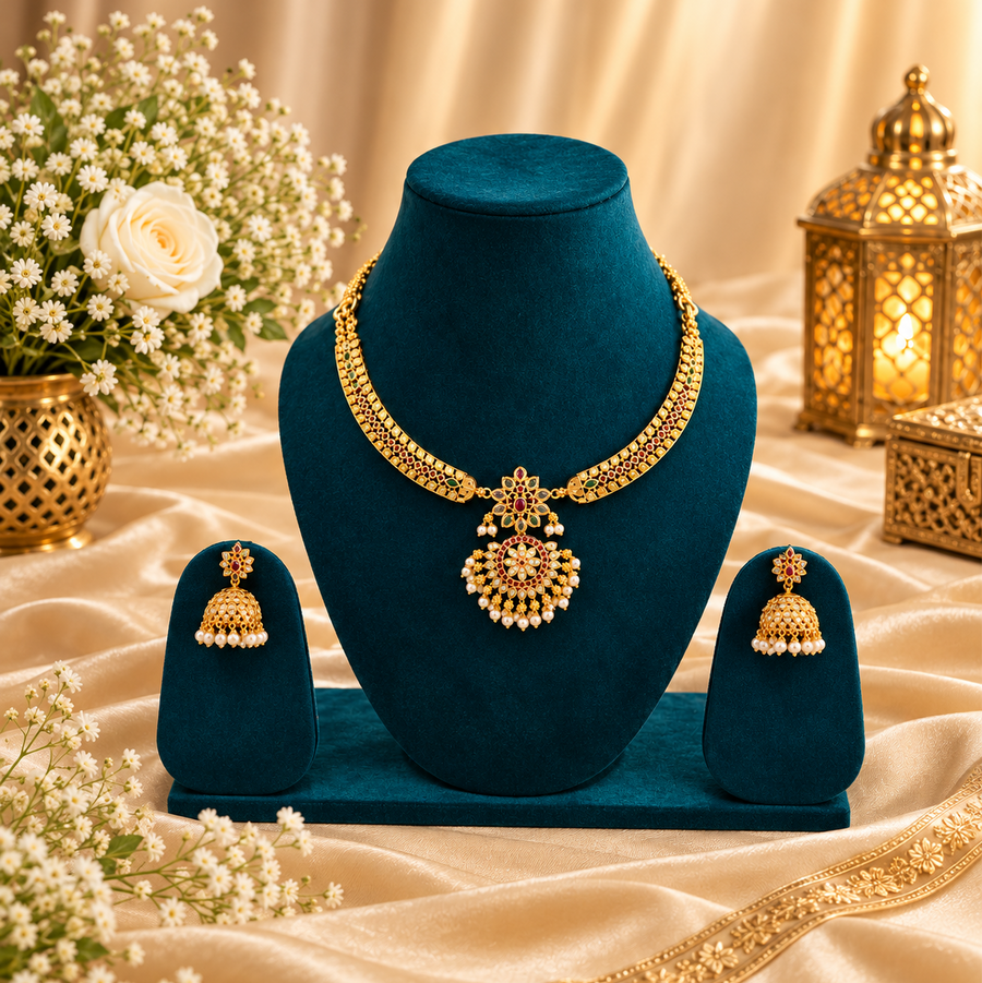 A traditional matte gold-tone necklace and matching jhumka earrings set adorned with colorful stones and pearl drops, displayed on deep teal velvet stands against a festive background. Available in the UK at theindianshelf.co.uk.