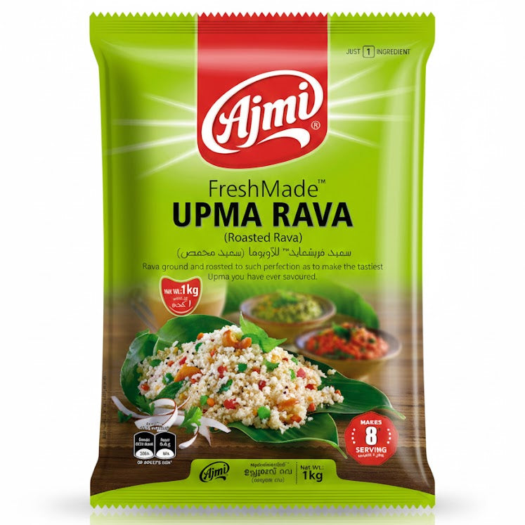 Ajmi FreshMade Upma Rava (Roasted Rava) 1kg pack, which is advertised as requiring "JUST 1 INGREDIENT," making "8 SERVING," and being roasted to perfection for the tastiest Upma, is available from theindianshelf.co.uk