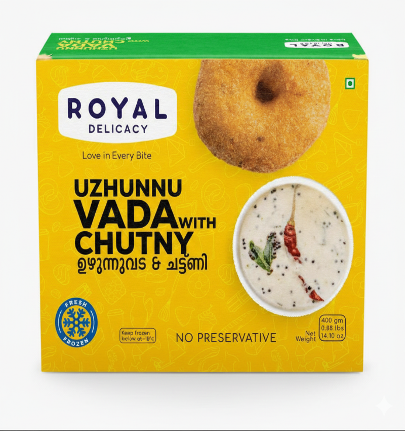 A bright yellow and green box of Royal Delicacy Uzhunnu Vada with Chutny (urad dal vada with chutney). The packaging features a photo of a golden brown, ring-shaped vada at the top right, and a bowl of white coconut chutney garnished with dried red chili peppers and curry leaves at the bottom right. The product is labeled "Fresh Frozen" with "NO PRESERVATIVE." The net weight is 400 gm (0.88 lbs, 14.10 oz).