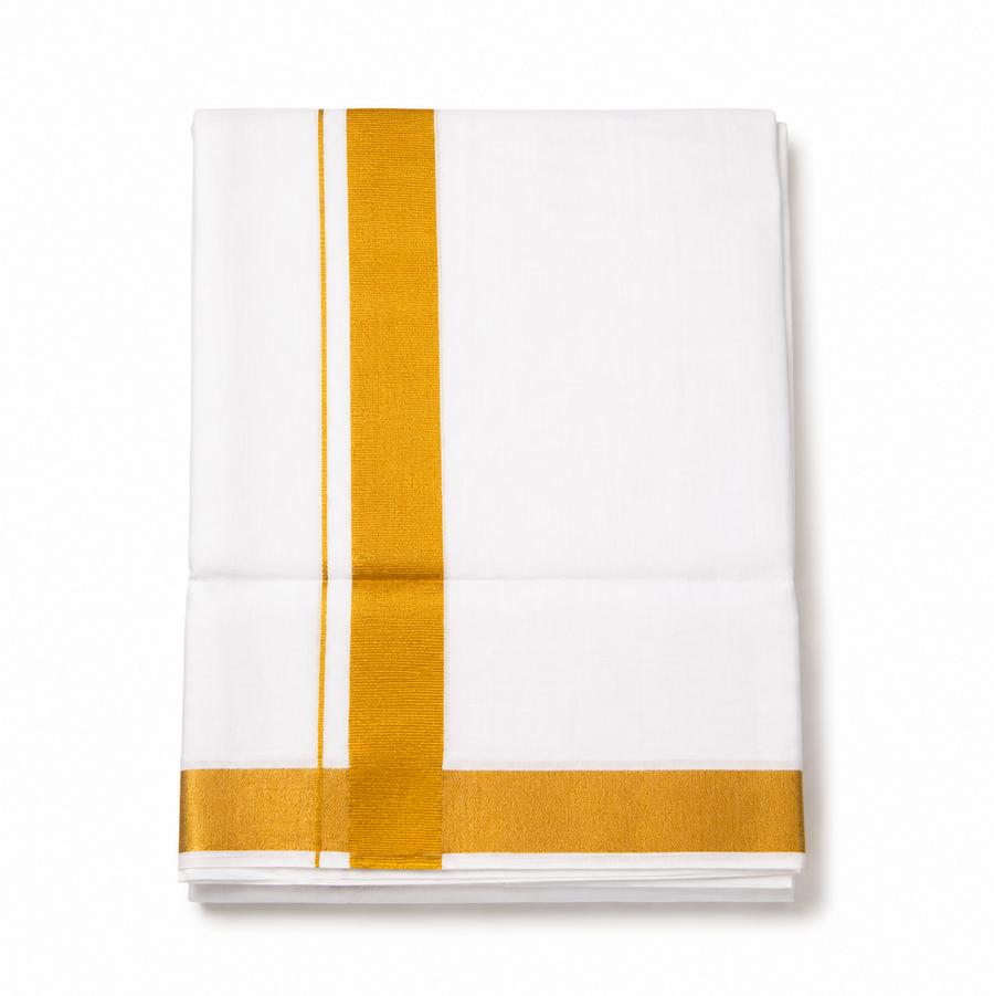 A neatly folded pure white men's Kerala kasavu mundu (dhoti) centered on a solid white background, featuring a wide golden zari border, a fine parallel gold accent stripe running vertically, and a matching gold zari border along the bottom hem. Available in the UK at theindianshelf.co.uk