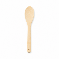 A natural light wood oval cooking and serving spoon with a hanging hole at the handle tip, displayed vertically against a solid white background. Available in the UK at indianshelf.co.uk.